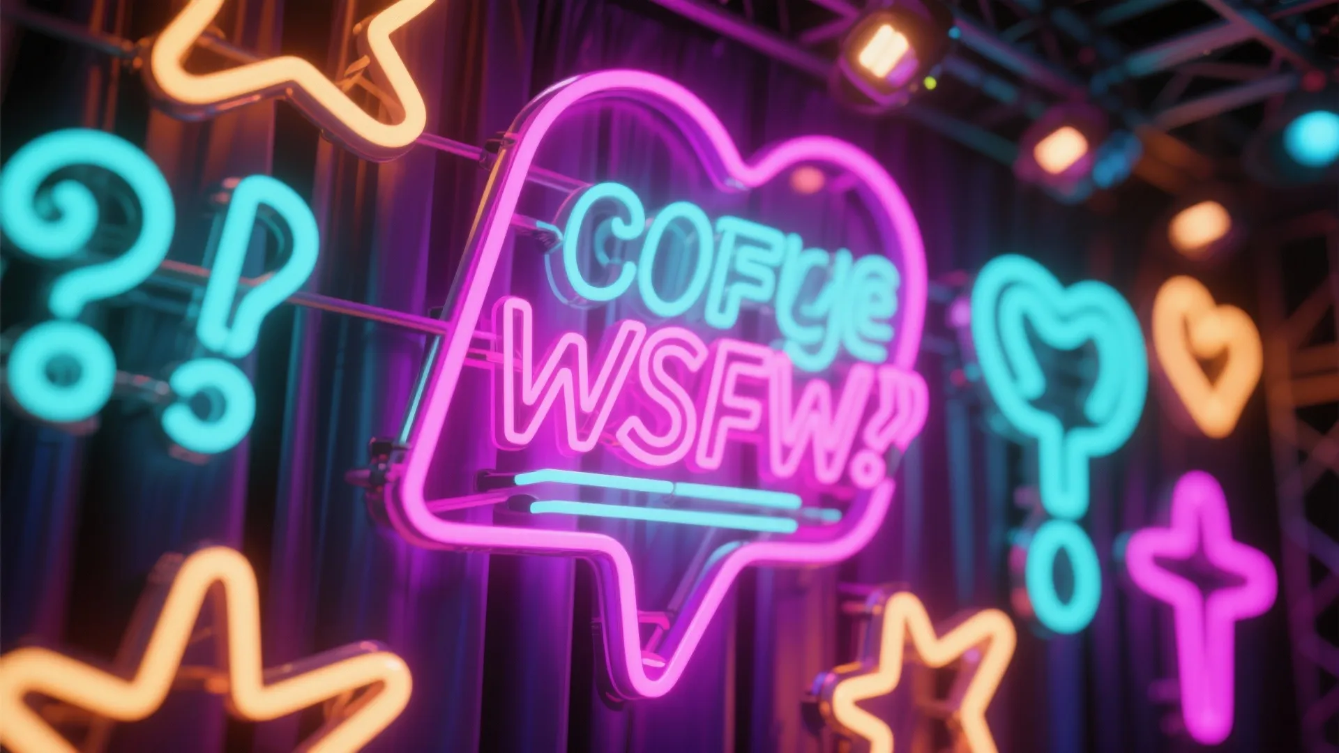 Pink and blue neon lights shaped like hearts and stars glowing on a dark wall background
