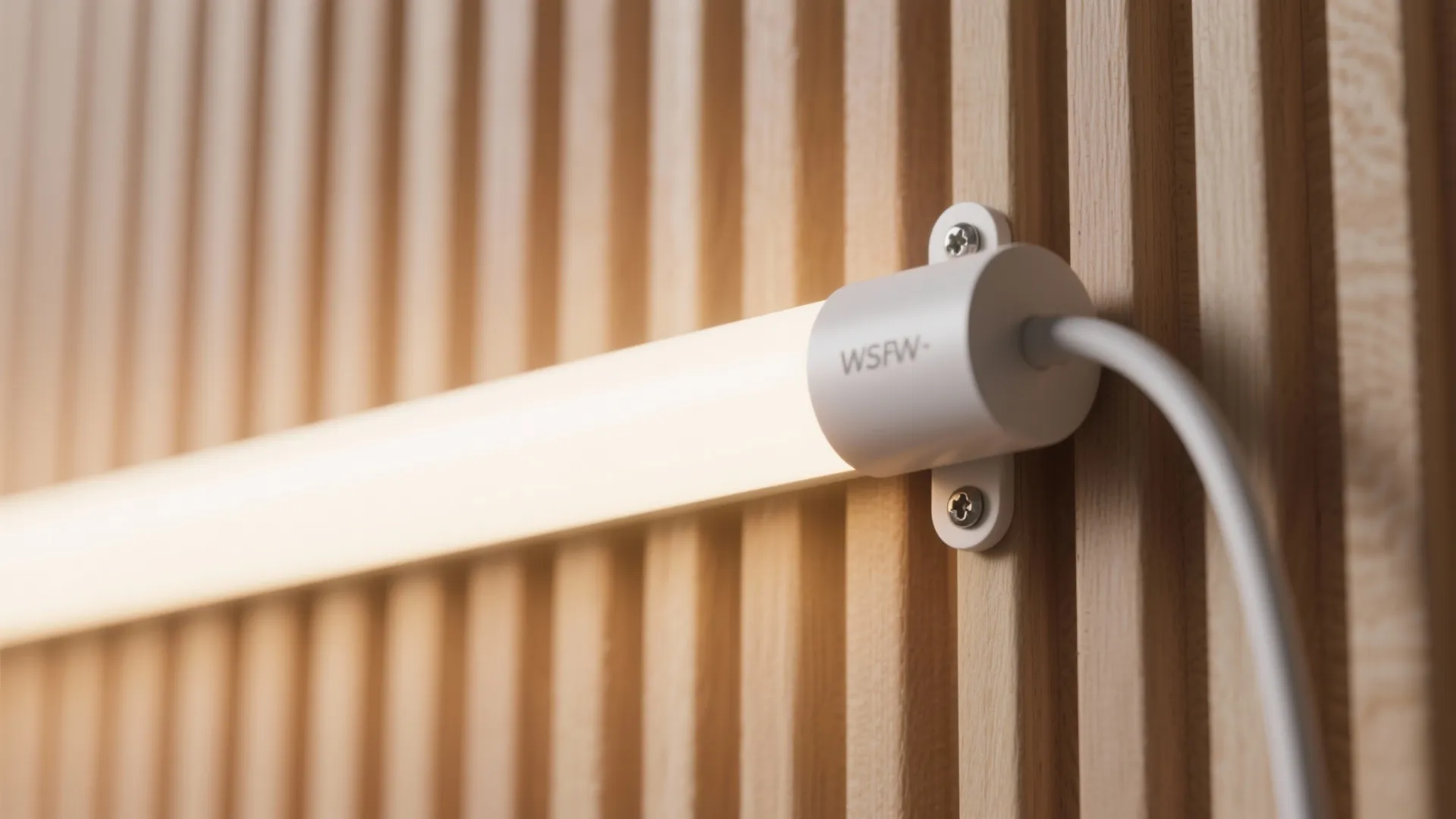 Modern warm white light fixture mounted on a light wood wall panel with visible vertical lines