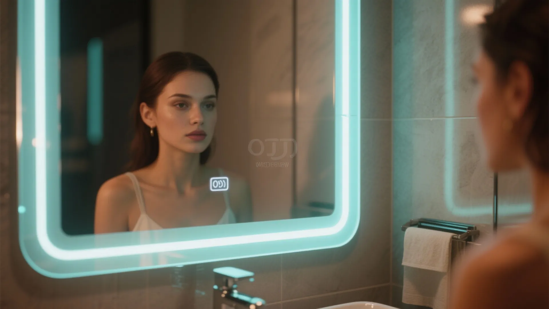 Young woman looking into a bathroom mirror with a bright glowing blue light frame border