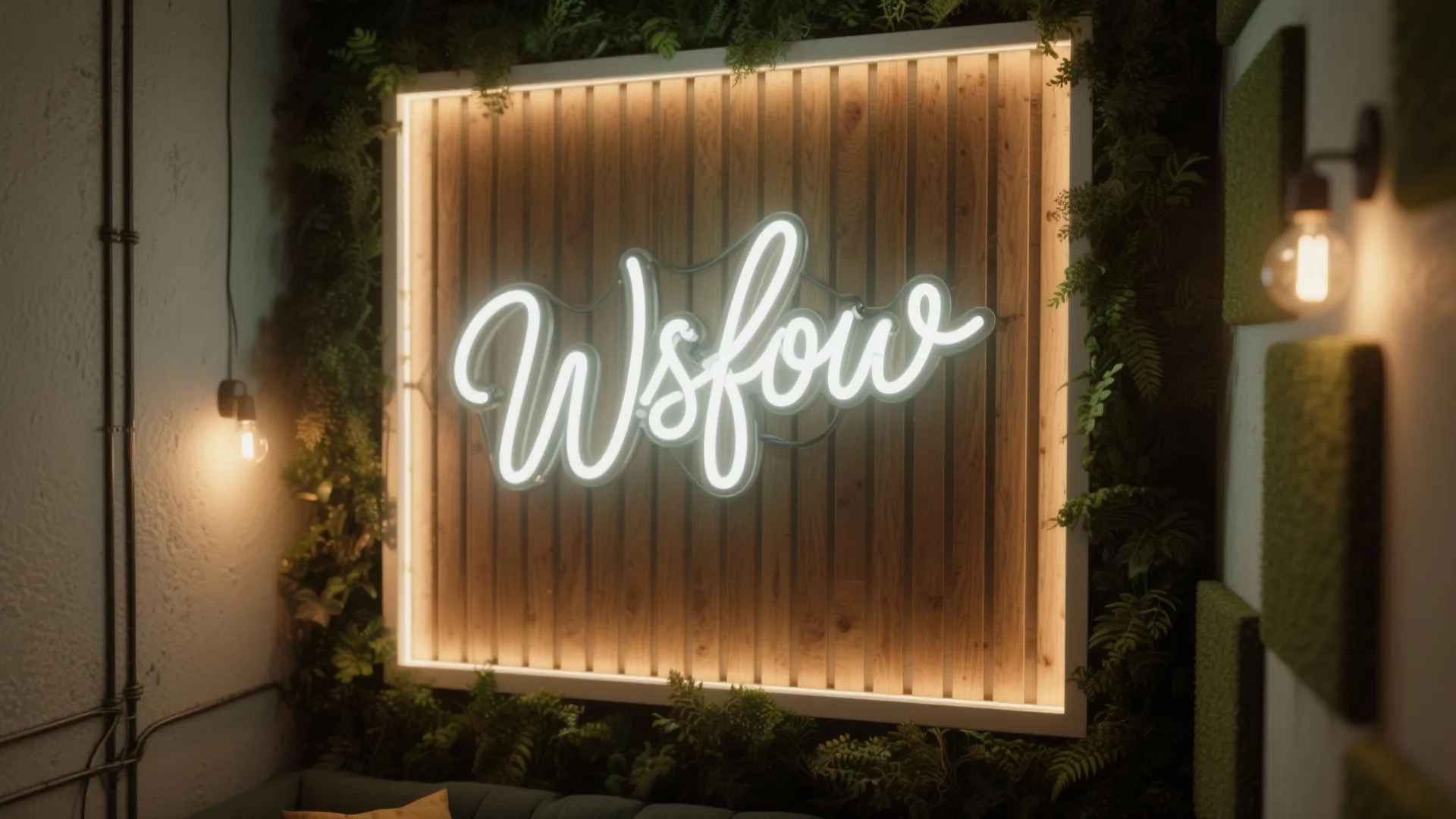 Neon Sign and Mixed Materials Wall