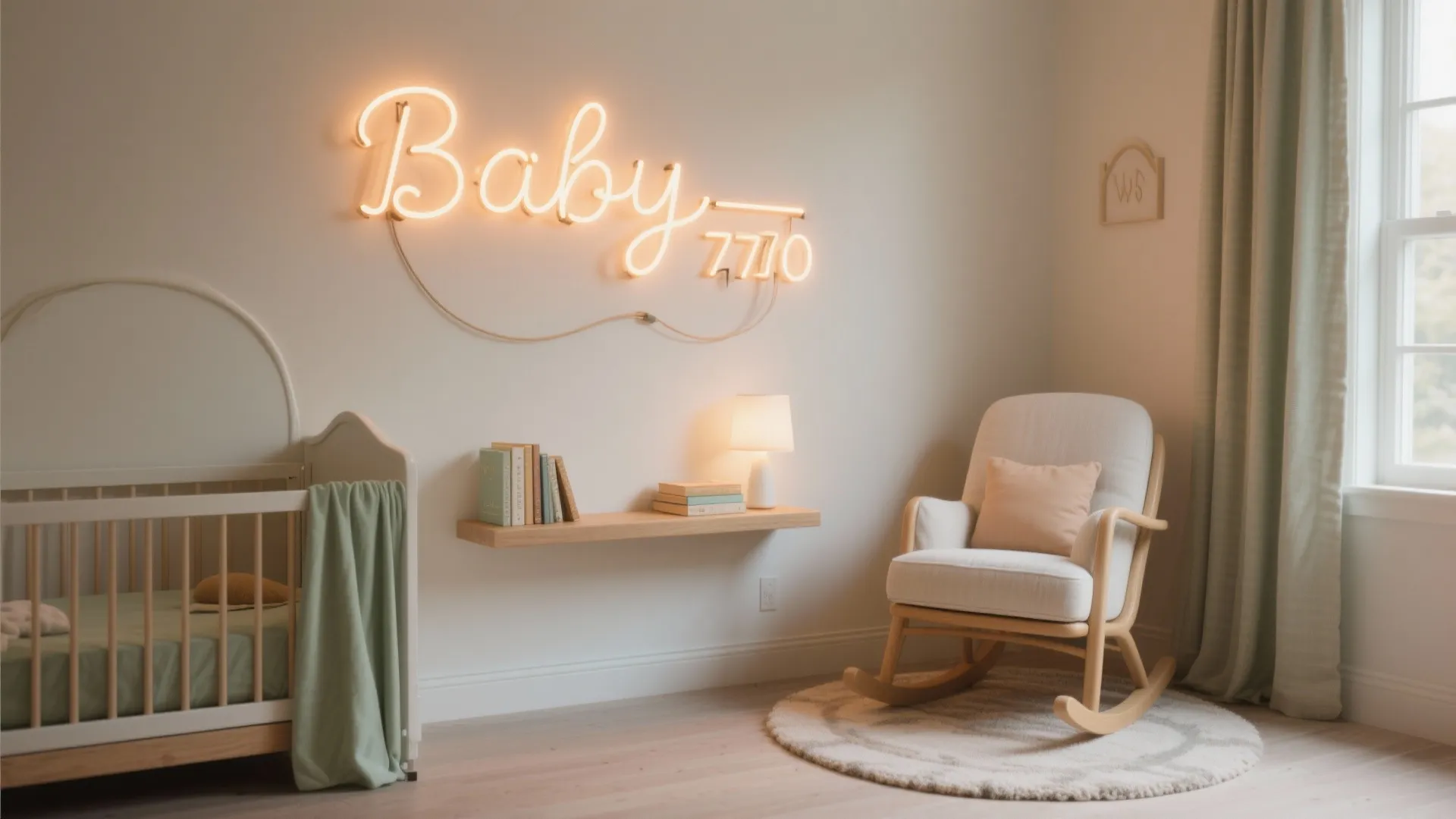 Warm faux neon LED baby name sign glowing near a nursery reading nook with cord cover and dim lighting.