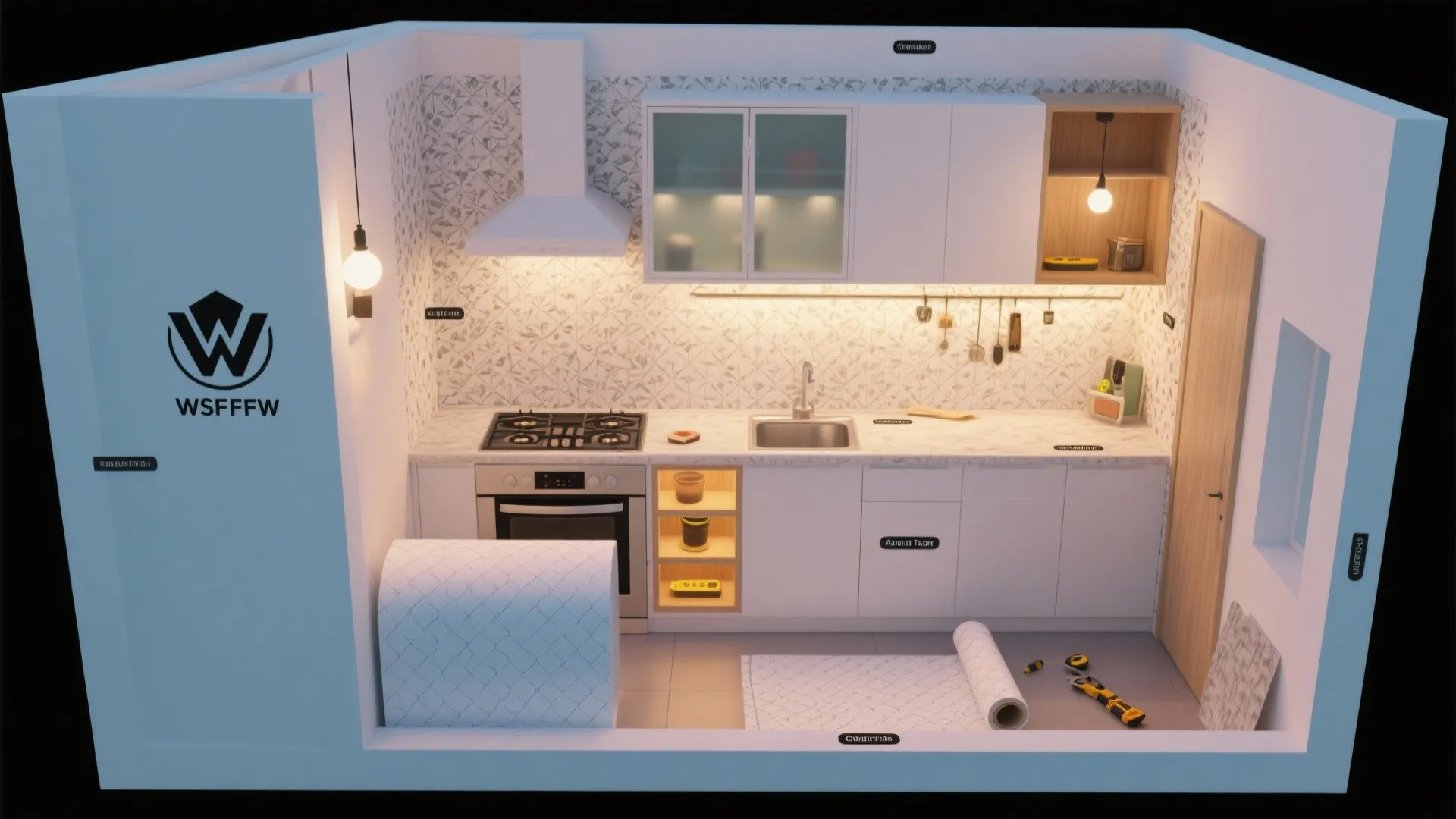 Playful neon bulb repeats for youthful studio kitchens