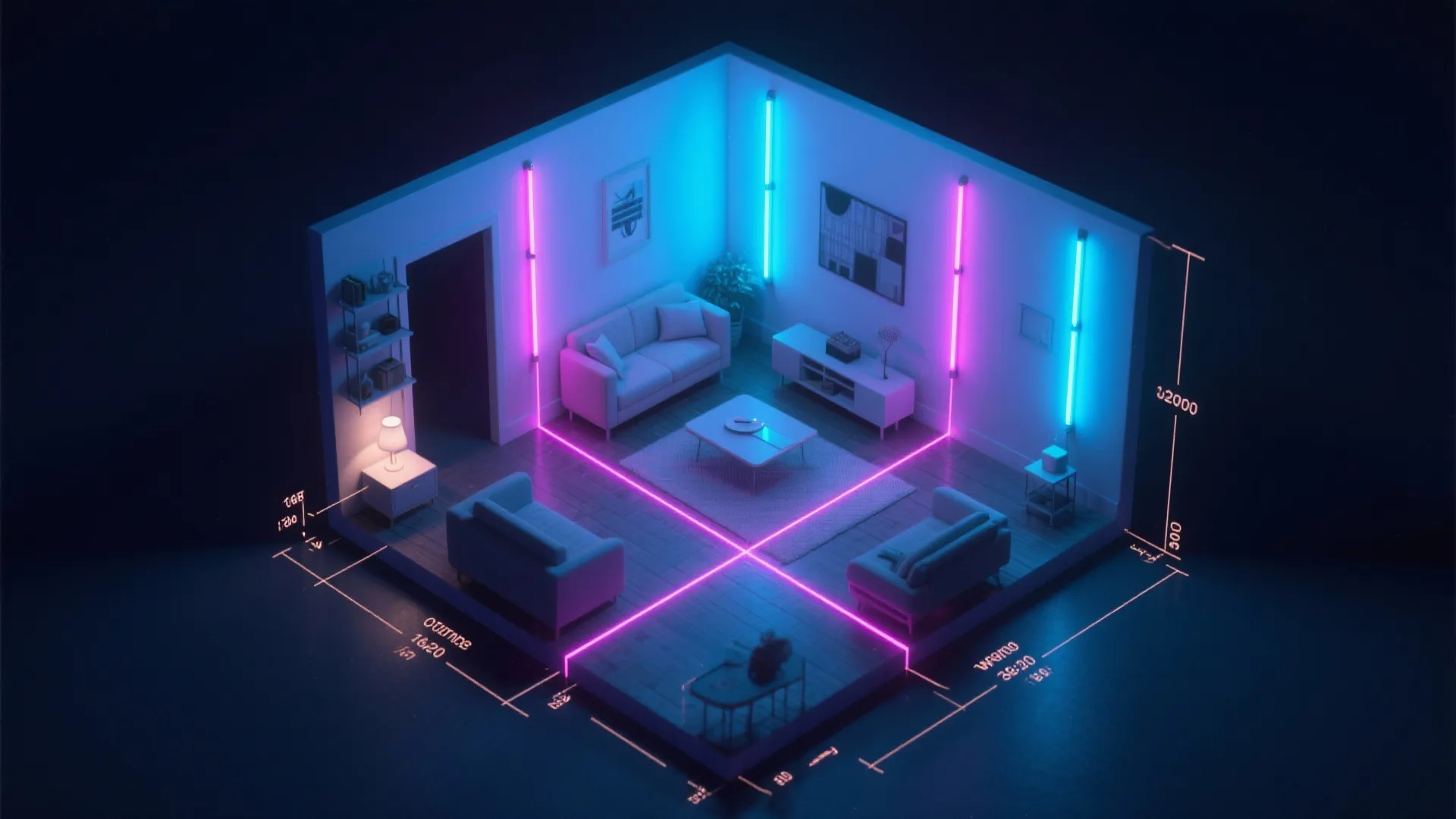 Modern 3D living room layout with blue and pink neon lights plus floor dimension lines