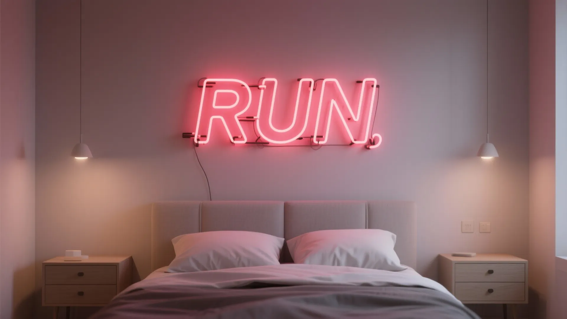 Modern bedroom with pink neon run sign on wall above bed with two bedside tables