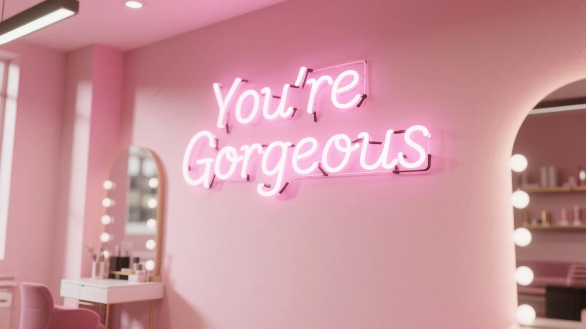 Pink room featuring neon wall sign saying you are gorgeous with white makeup vanity mirror