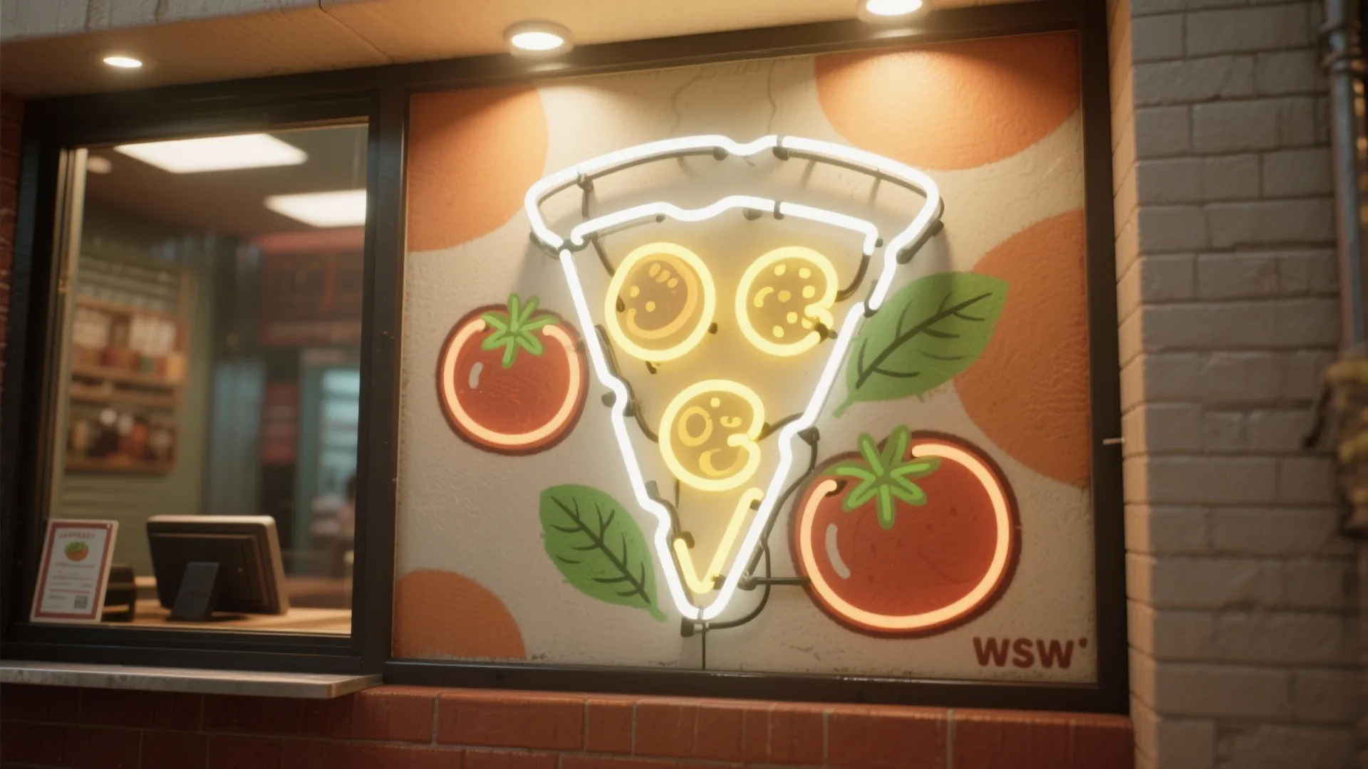 Warm white LED neon pizza slice with playful line-art tomatoes and basil by a pickup window.