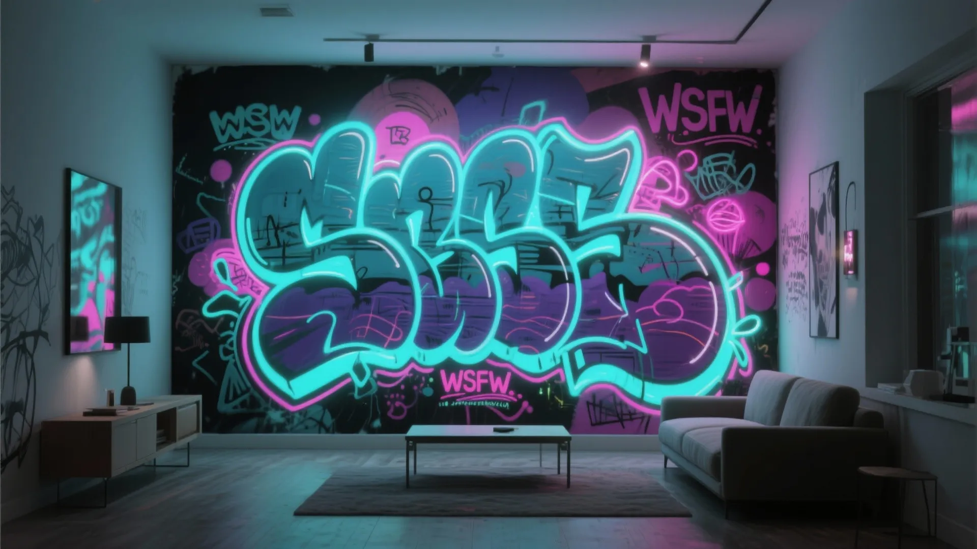Minimalist room with bold neon graffiti statement wall