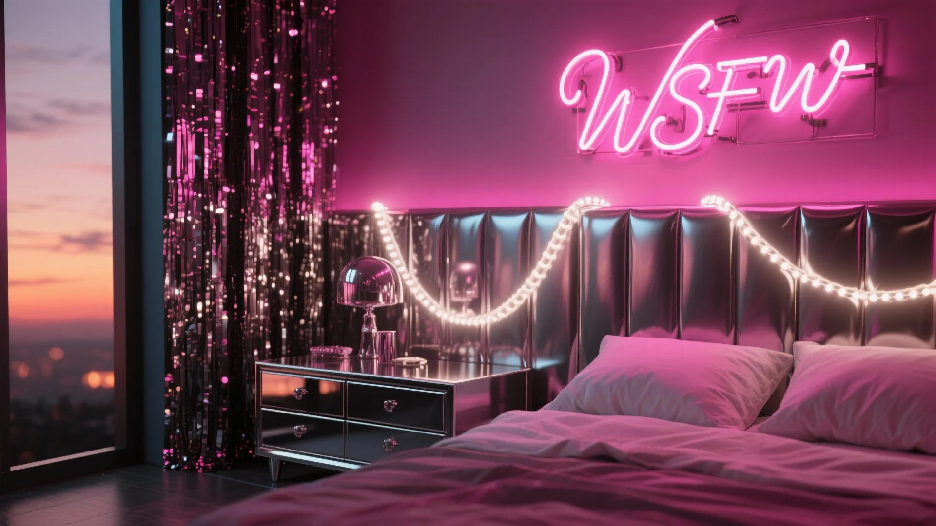 Neon-style LED sign above a dresser with a metallic tinsel backdrop and soft evening glow.