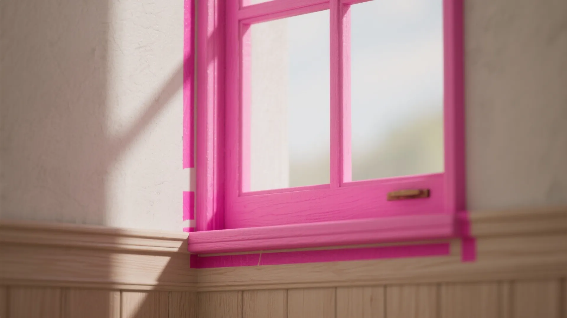 Close-up of neon pink window trim framing a neutral wall, showing crisp paint lines and texture.