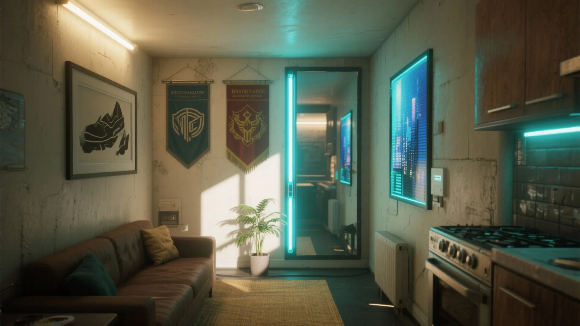 Small apartment interior design with brown sofa green plant neon light and kitchen stove area