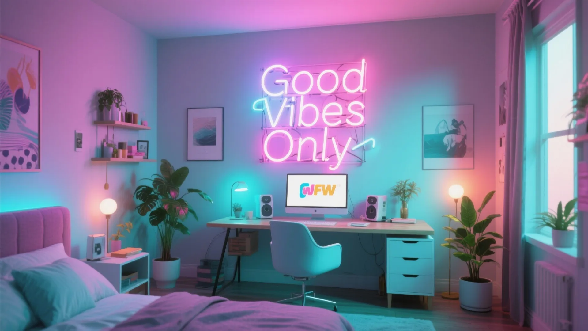 Bedroom wall with vibrant neon sign above desk