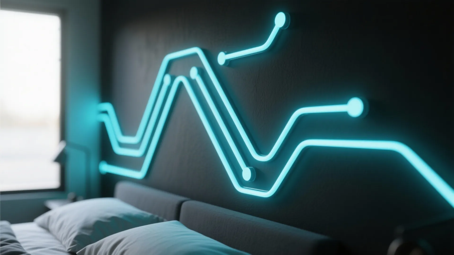 Close up of blue neon light strips on dark wall above bed with white pillows