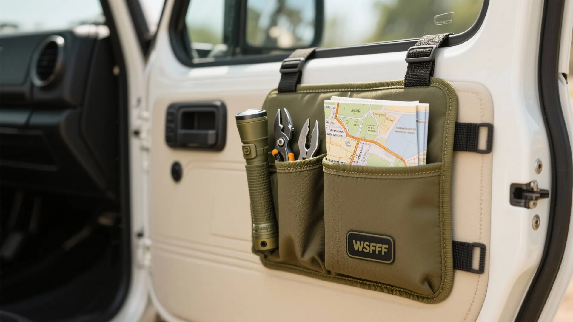Green fabric car door organizer hanging inside vehicle containing a flashlight pliers and folded maps