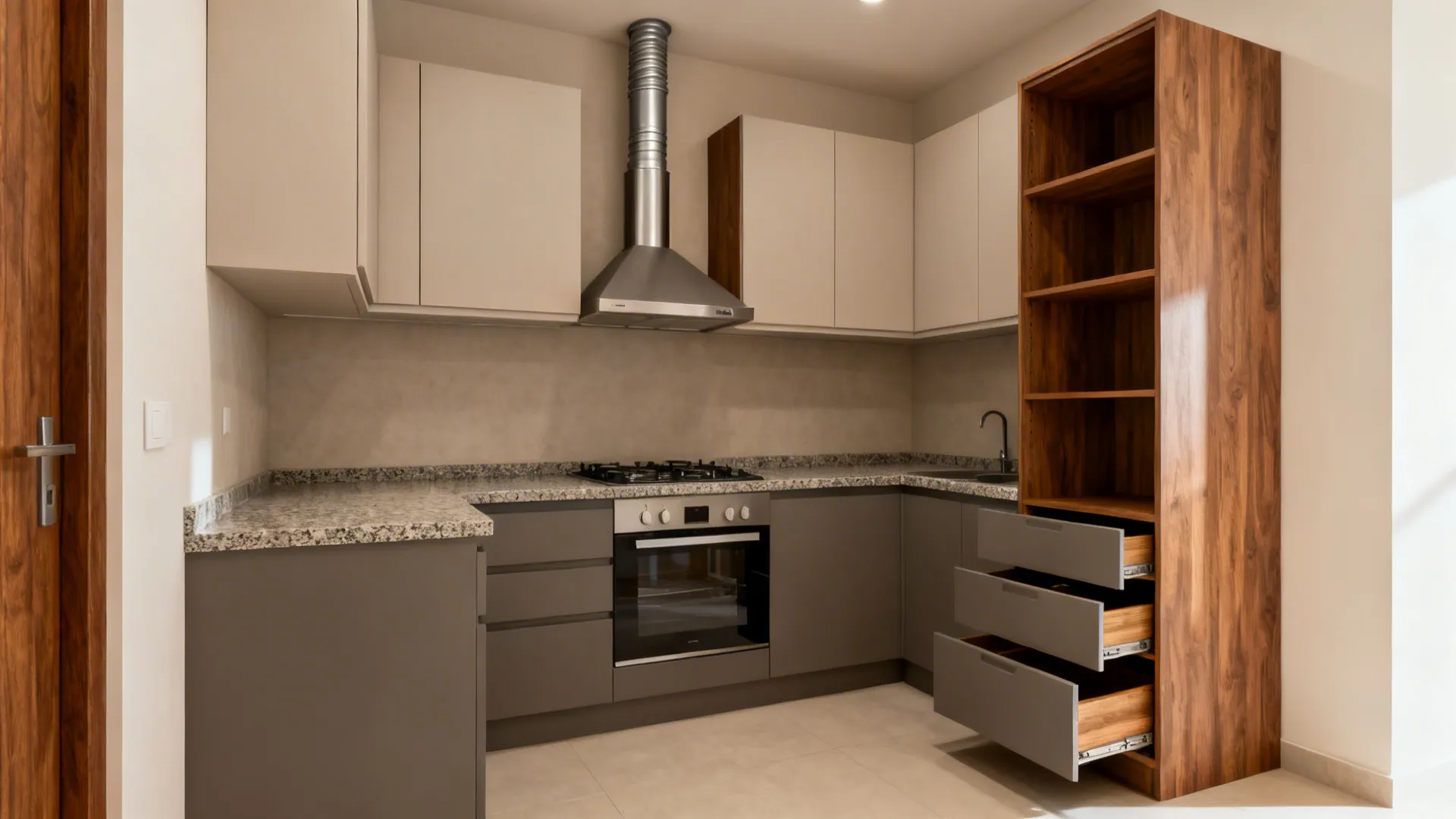 Compact Nepali modular kitchen combining moisture-smart cabinets, efficient layout, strong ventilation, smart storage, and durable finishes.