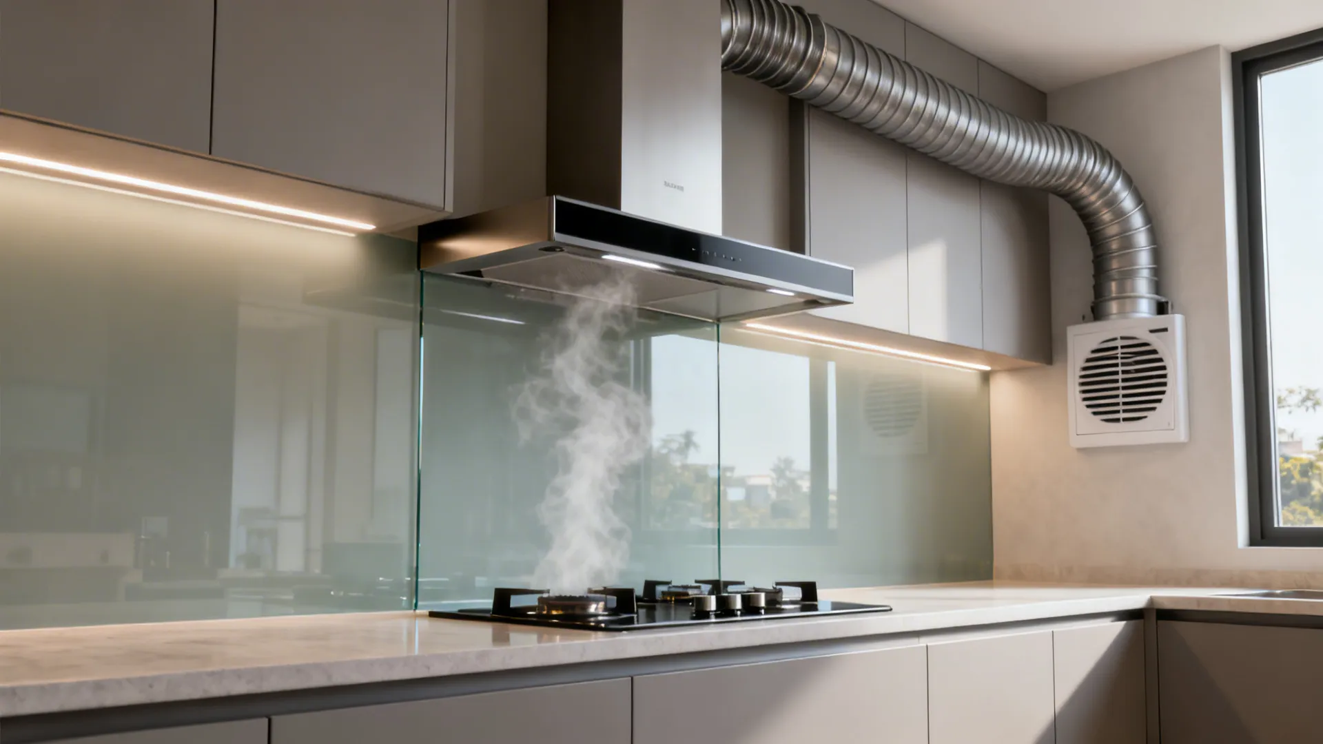 Modern kitchen with high-suction hood, rigid ducting, and tempered glass backsplash.