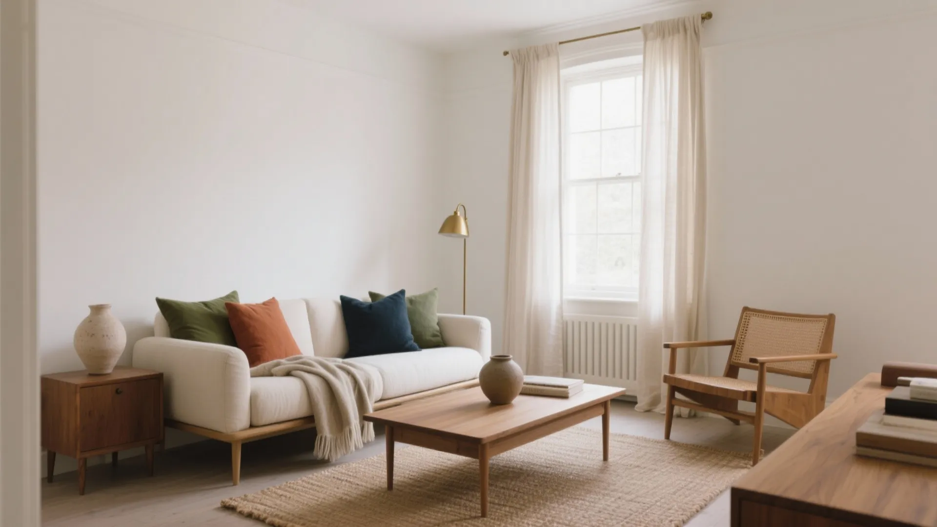 Bright living room featuring white sofa colorful pillows wooden coffee table and woven wood arm chair