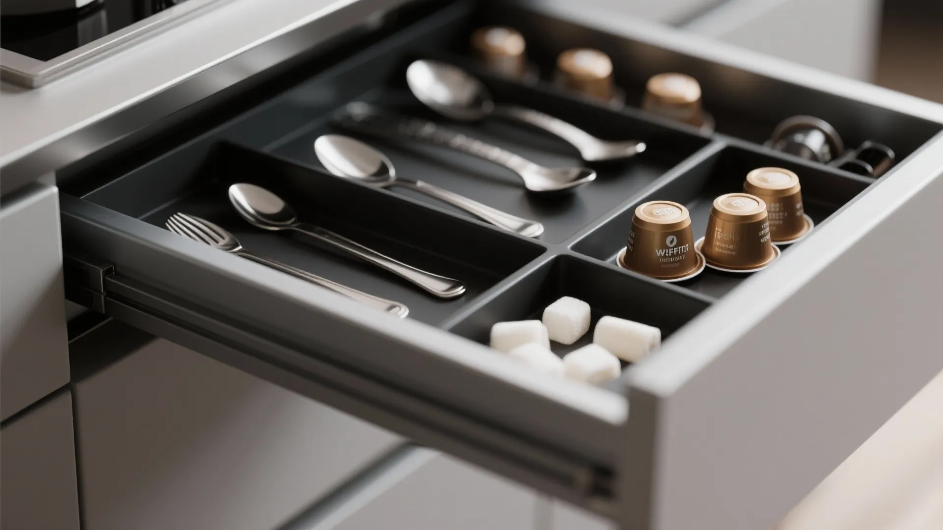Open kitchen cabinet drawer with organized sections for silver spoons sugar cubes and coffee pods
