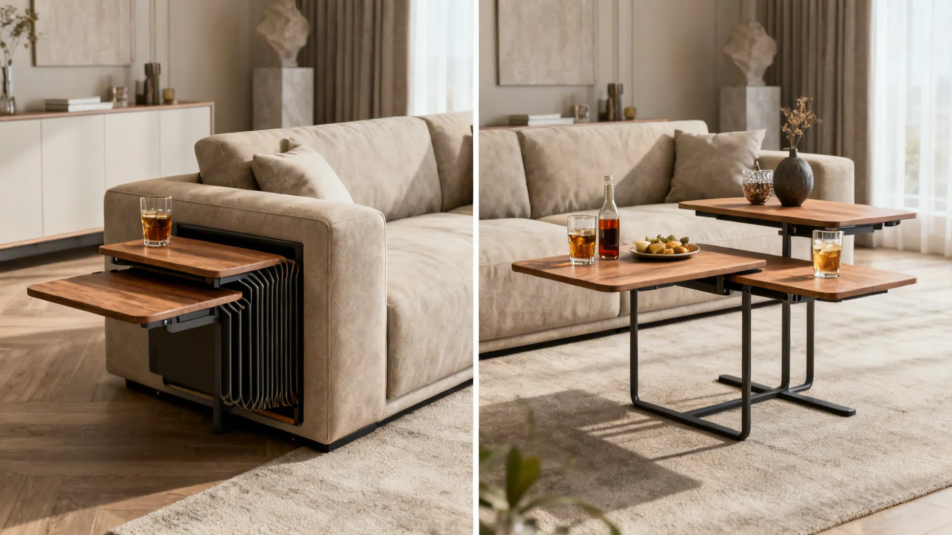 Accordion-style nested side tables tucked under sofa and expanded for guests