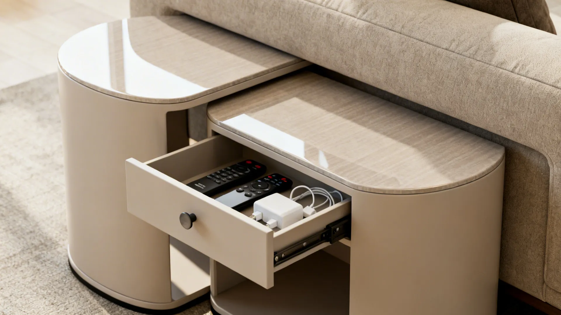Nested C-shaped tables with a shallow drawer open showing remotes, one table tucked under a sofa.
