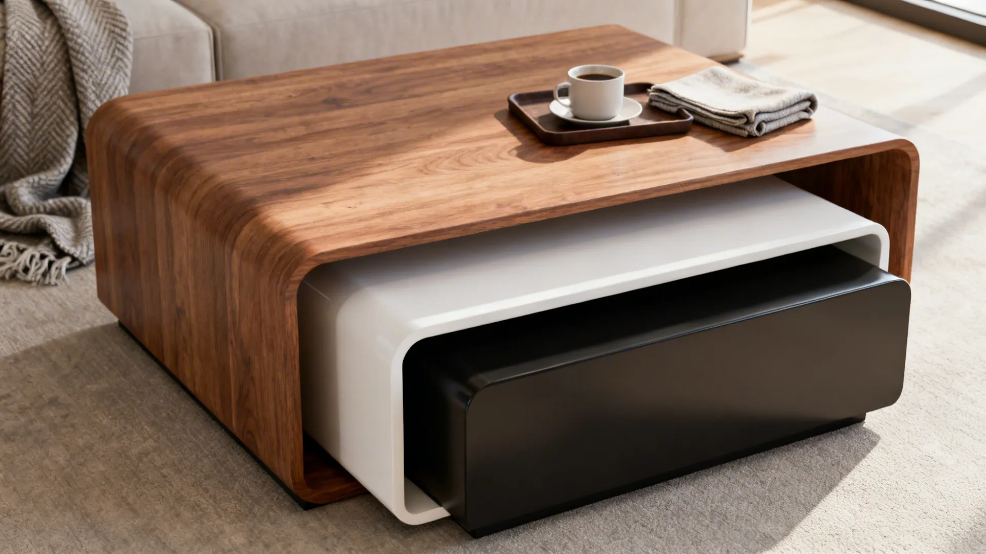 Nested modern center tables in wood, white, and black with a tray and throw, highlighting flexible surface arrangement