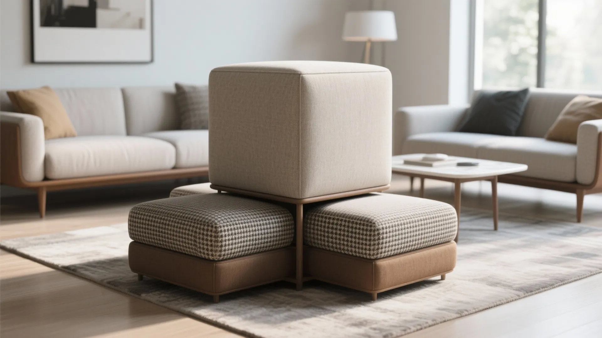 Nested cube ottomans shown tucked and pulled out for extra seating in a modern living room.