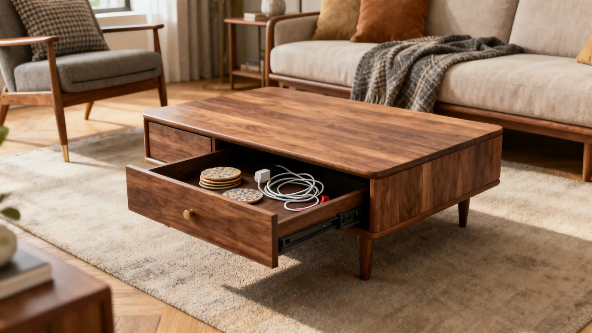 Nested coffee tables in a small living room with a hidden drawer open showing coasters