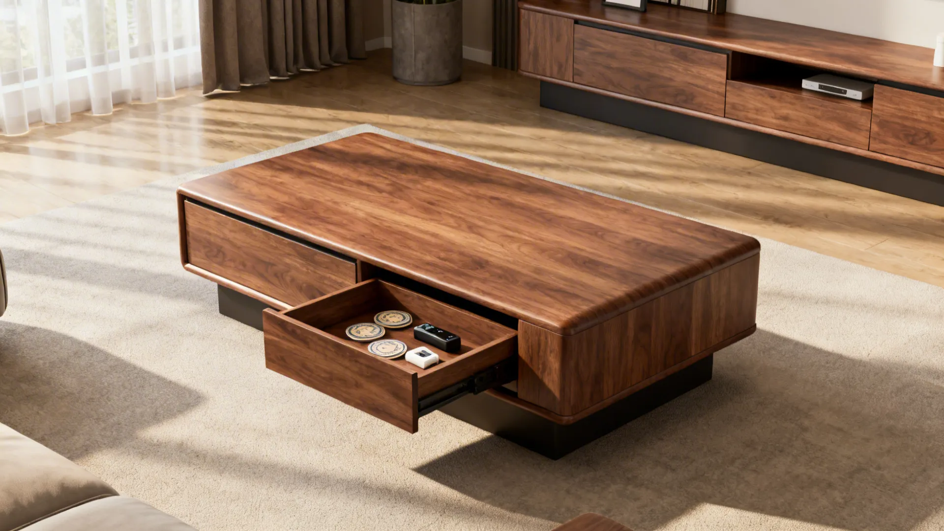 Modern wood coffee table with open drawer showing small items on a soft rug in living-room
