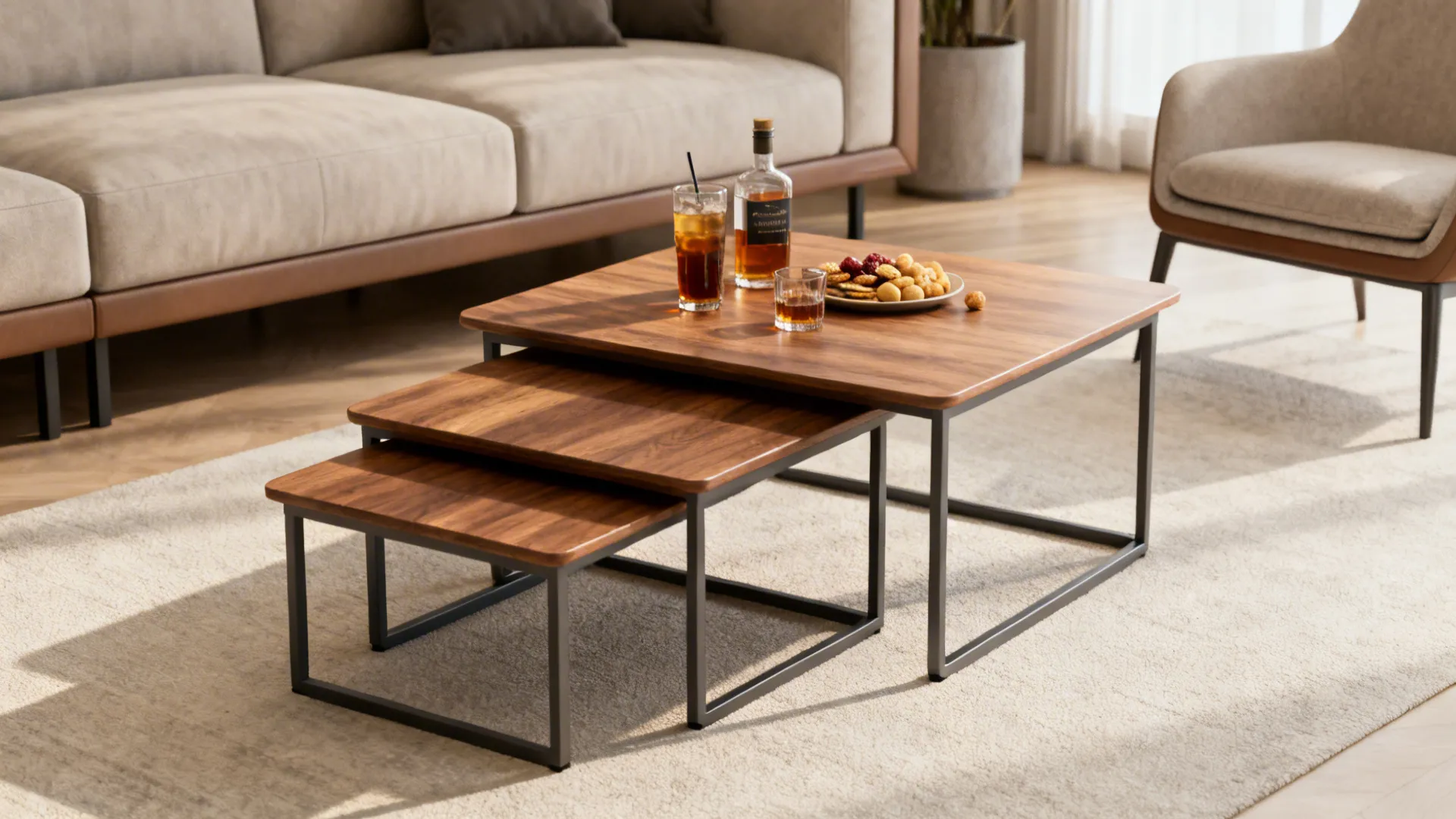 A set of nested end tables shown both nested and expanded with drinks and snacks on top.