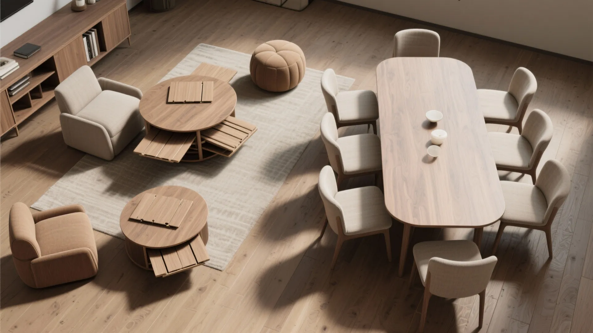 Top view of large wood table and small folding coffee tables in minimalist living room