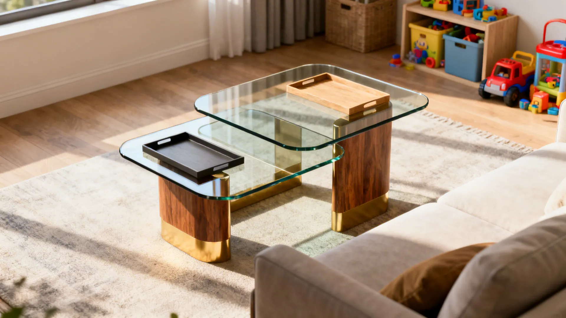 Small living room with nested glass coffee tables and mixed-material bases for flexibility