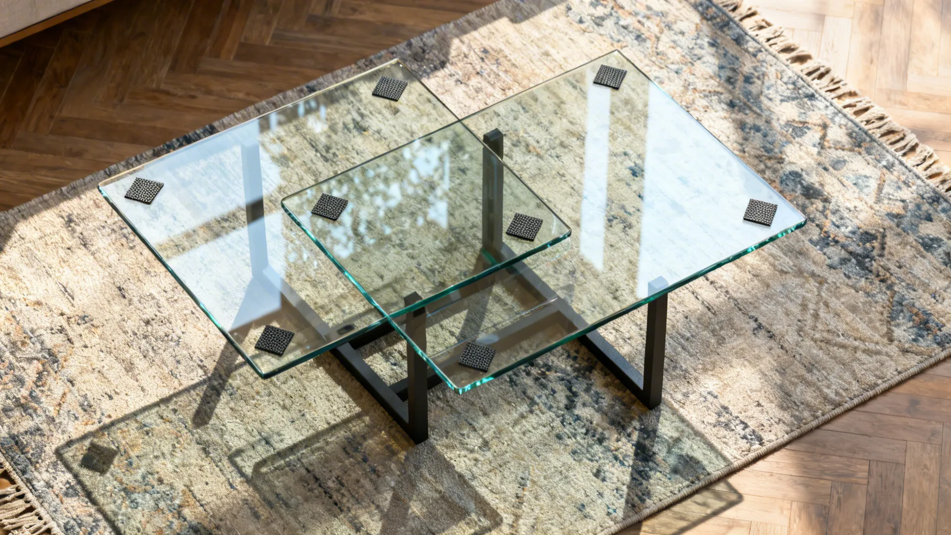 Top-down view of nested glass coffee tables showing stacking and expanded arrangements on a rug.