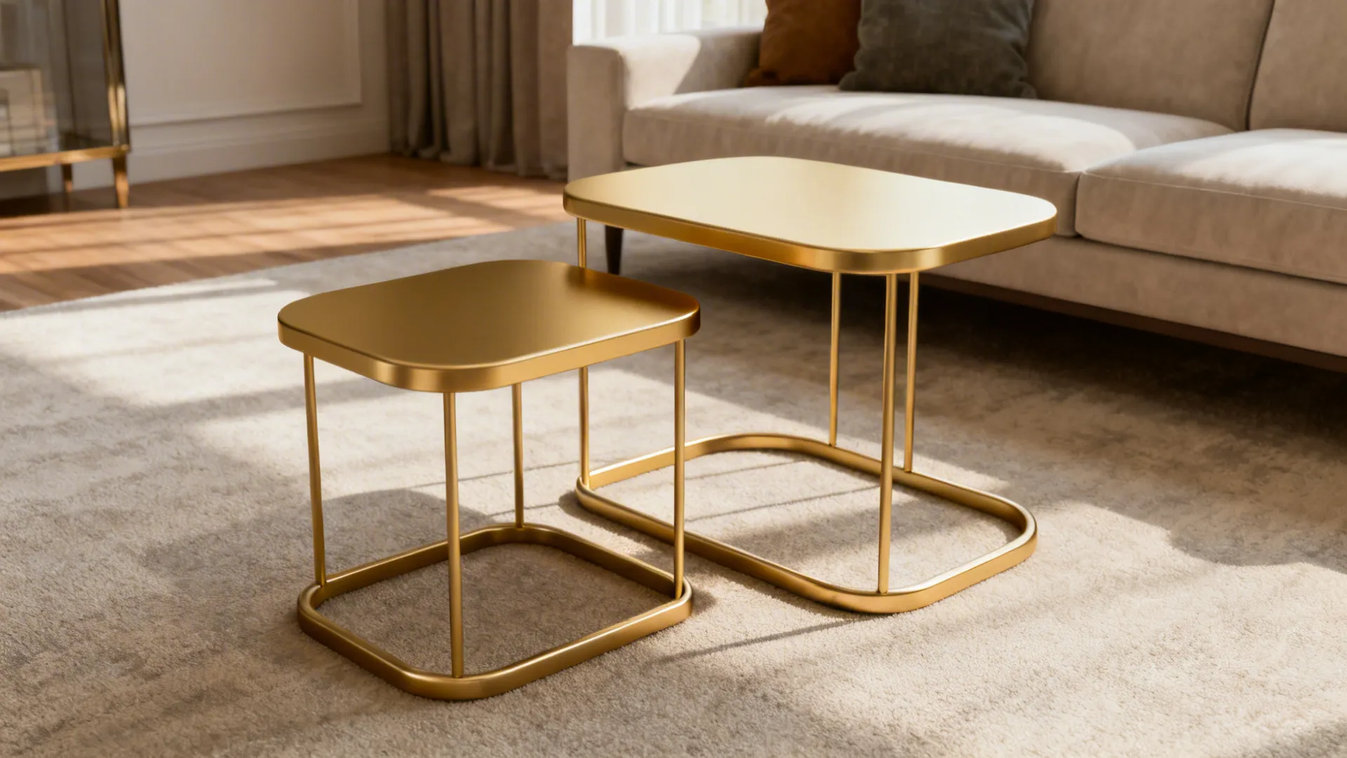 Nested gold side tables tucked and pulled out to show versatility in a small living room.