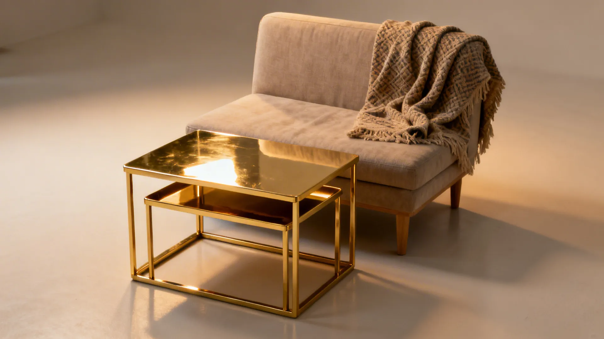 Gold nested metal tables partially separated to show versatility, beside a small sofa with a throw.