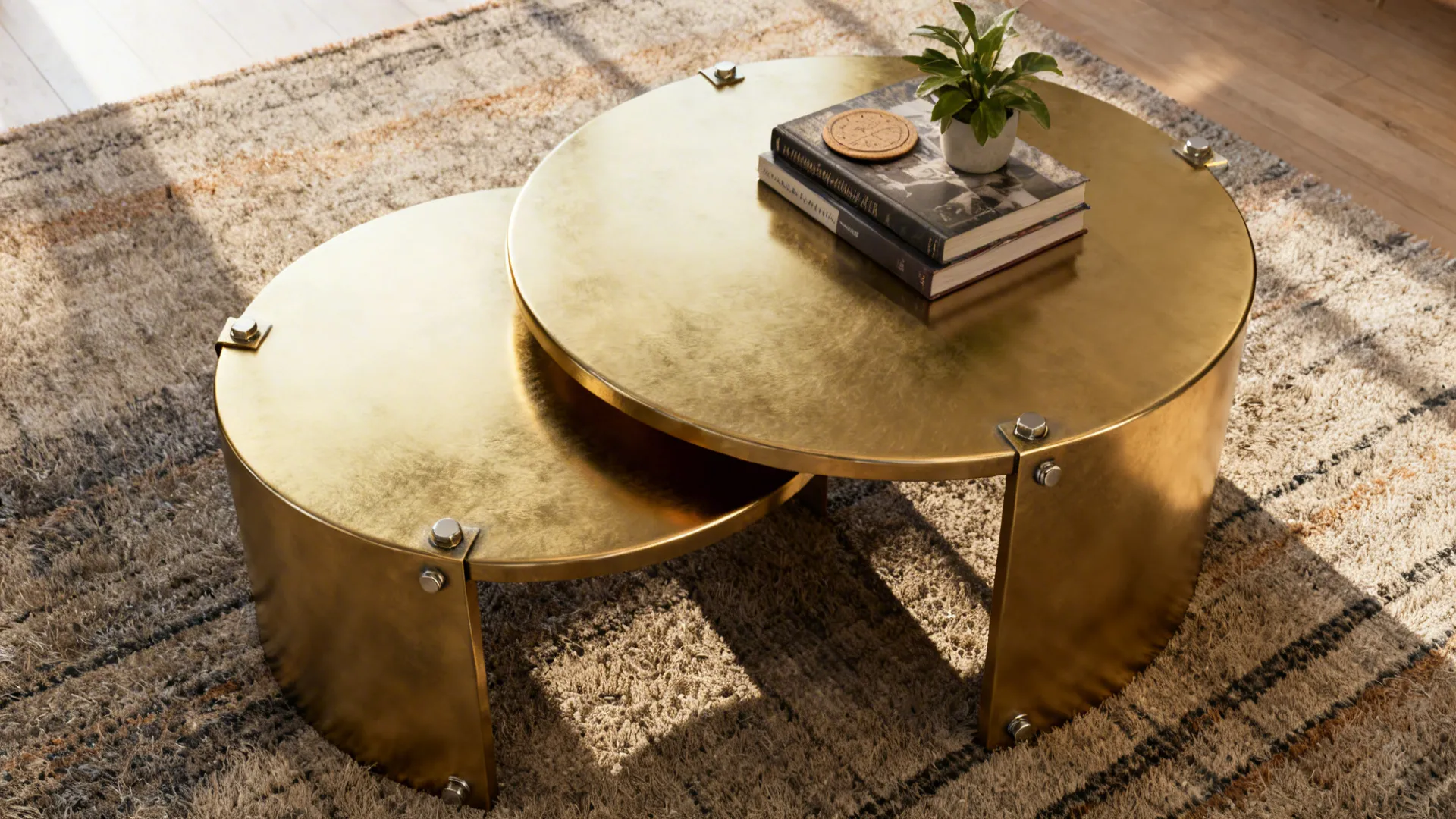 Nested gold side tables on a textured rug, shown pushed together and pulled apart for flexibility.