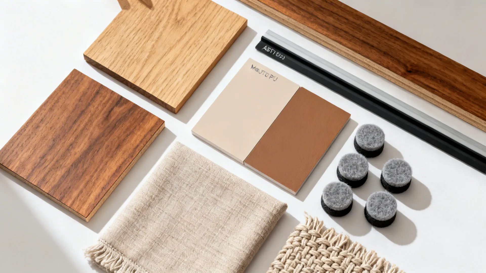 Flatlay of teak, oak, acacia swatches with matte finish samples and felt glides.