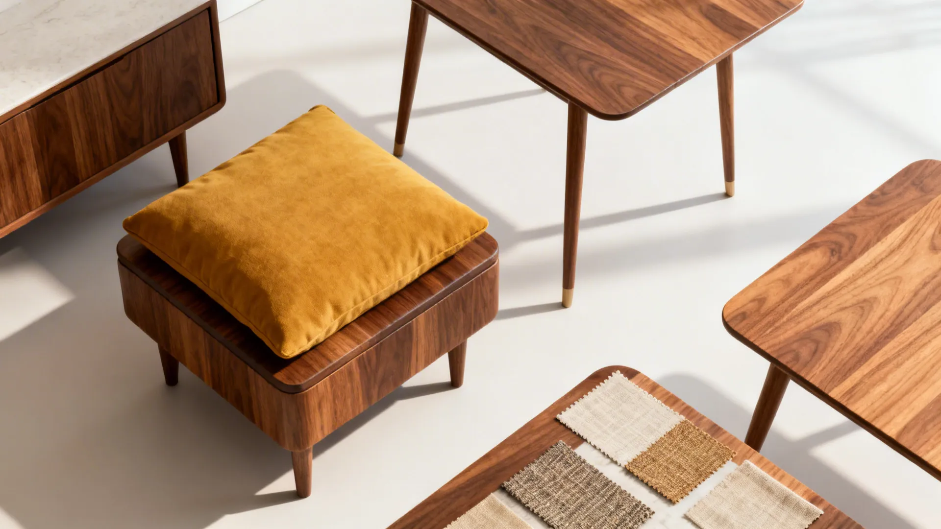 Top-down flatlay of nested coffee tables and a storage ottoman with mid-century materials and swatches.