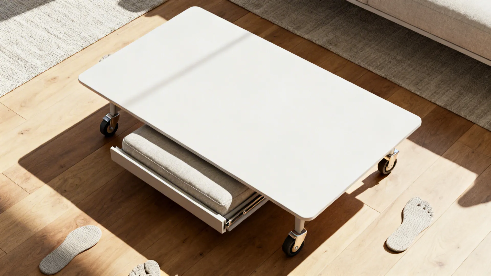 Top-down view of a rectangular table with a low ottoman tucked underneath on casters.