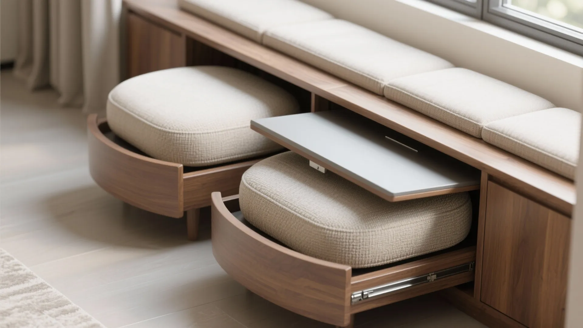Nested ottomans and a storage bench as stealth seats