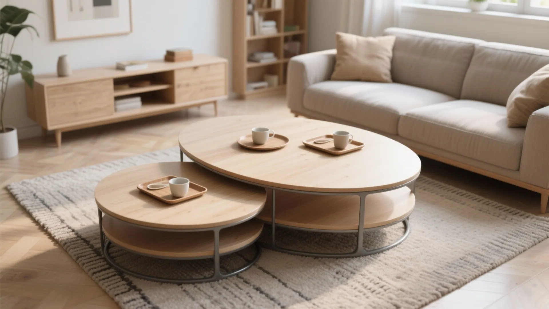 Nested oval coffee tables with one piece pulled out to expand surface for guests in a compact apartment.