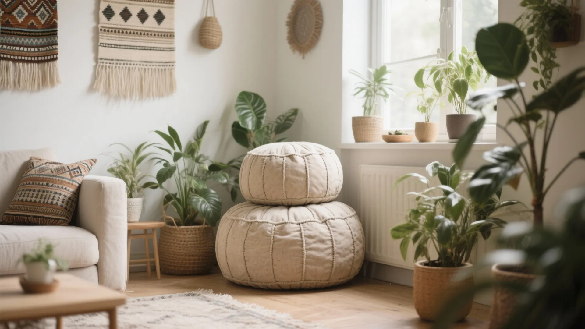 Cozy corner with stacked beige footrest green potted plants wall hangings and natural window light