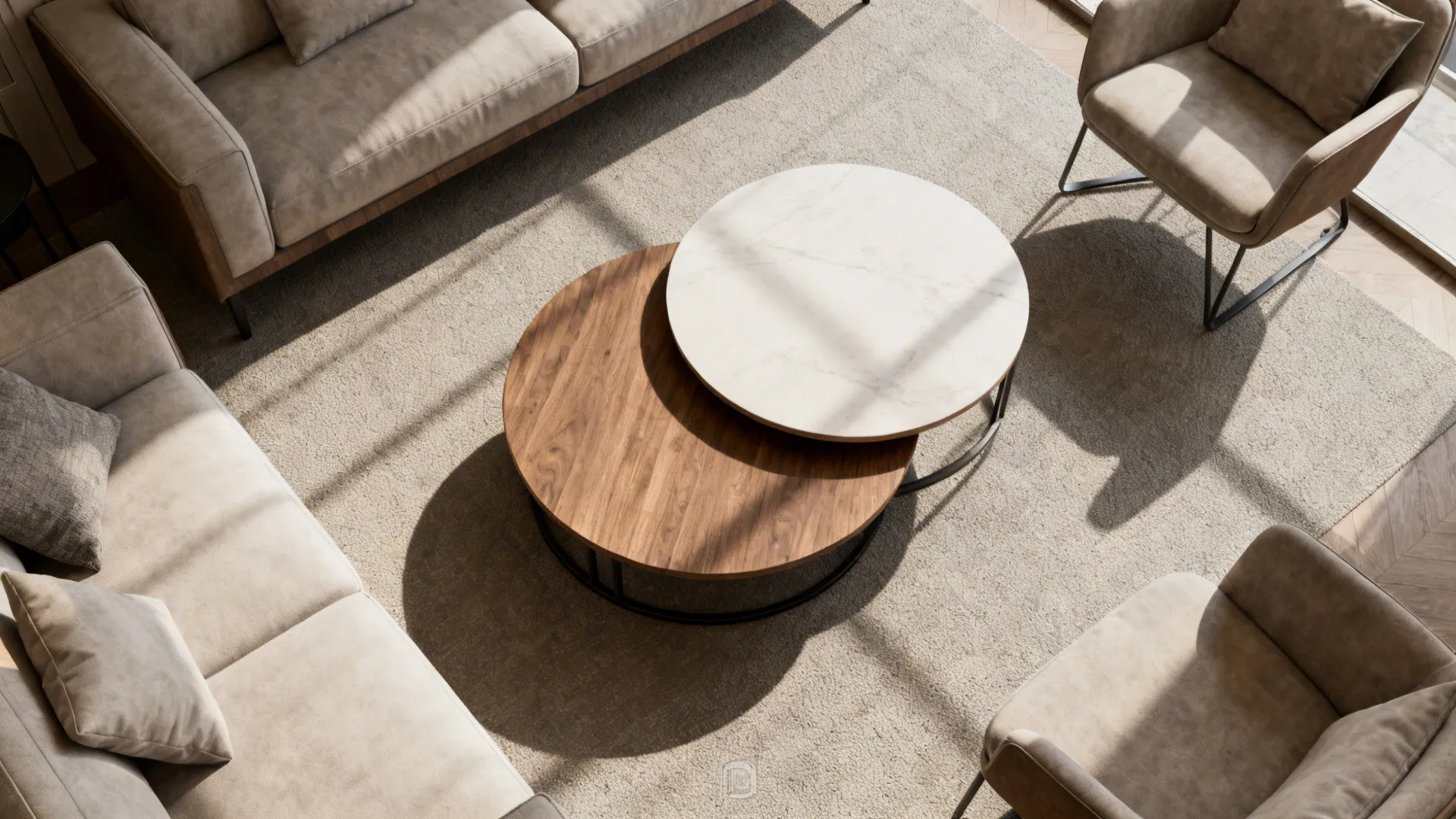 Top-down view of nested round coffee tables pulled apart to create flexible zones in a small living room.