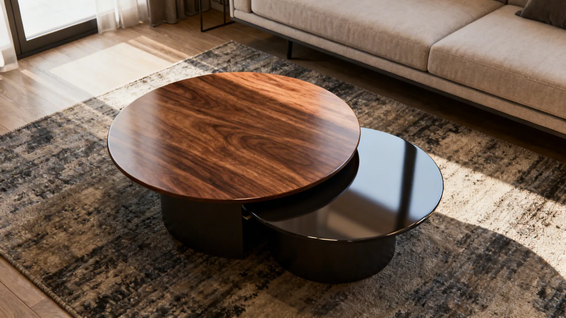 Modern round wood and black nesting coffee tables on a rug in a bright room