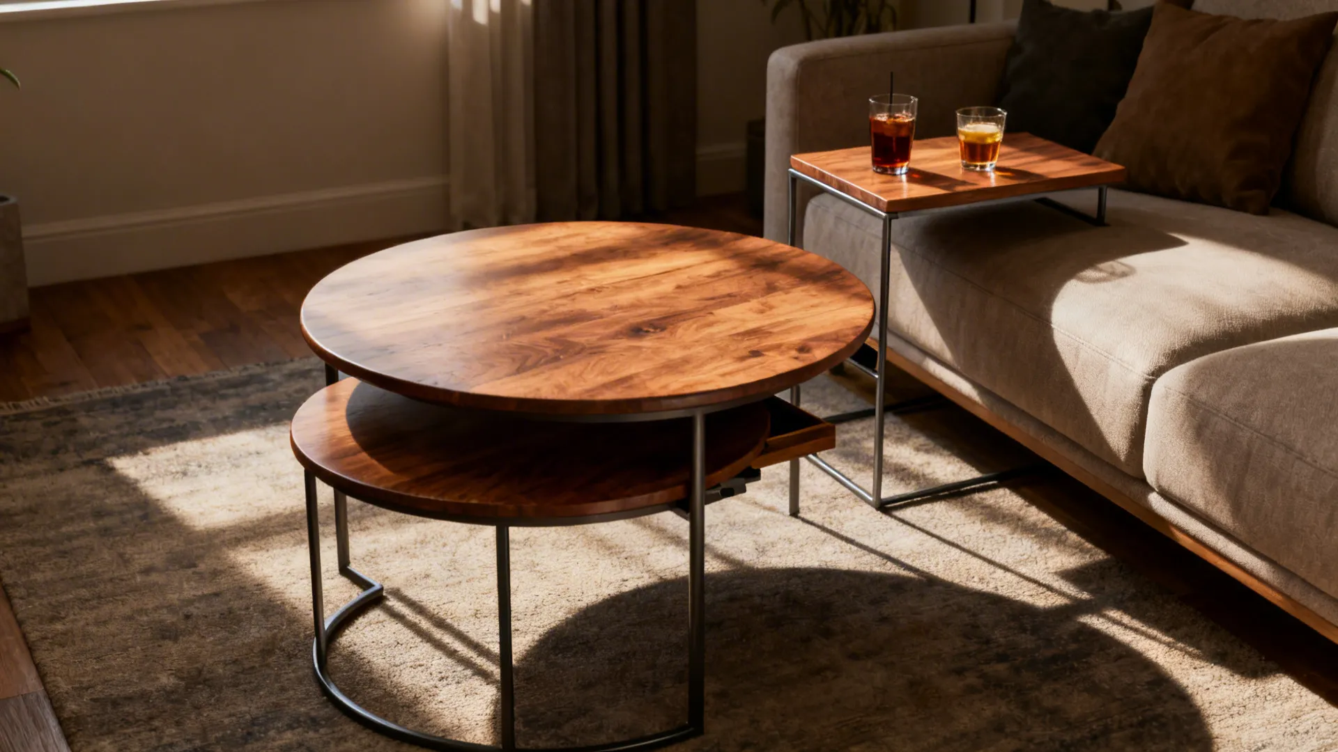 Nested round coffee tables of different sizes and materials in a compact living space