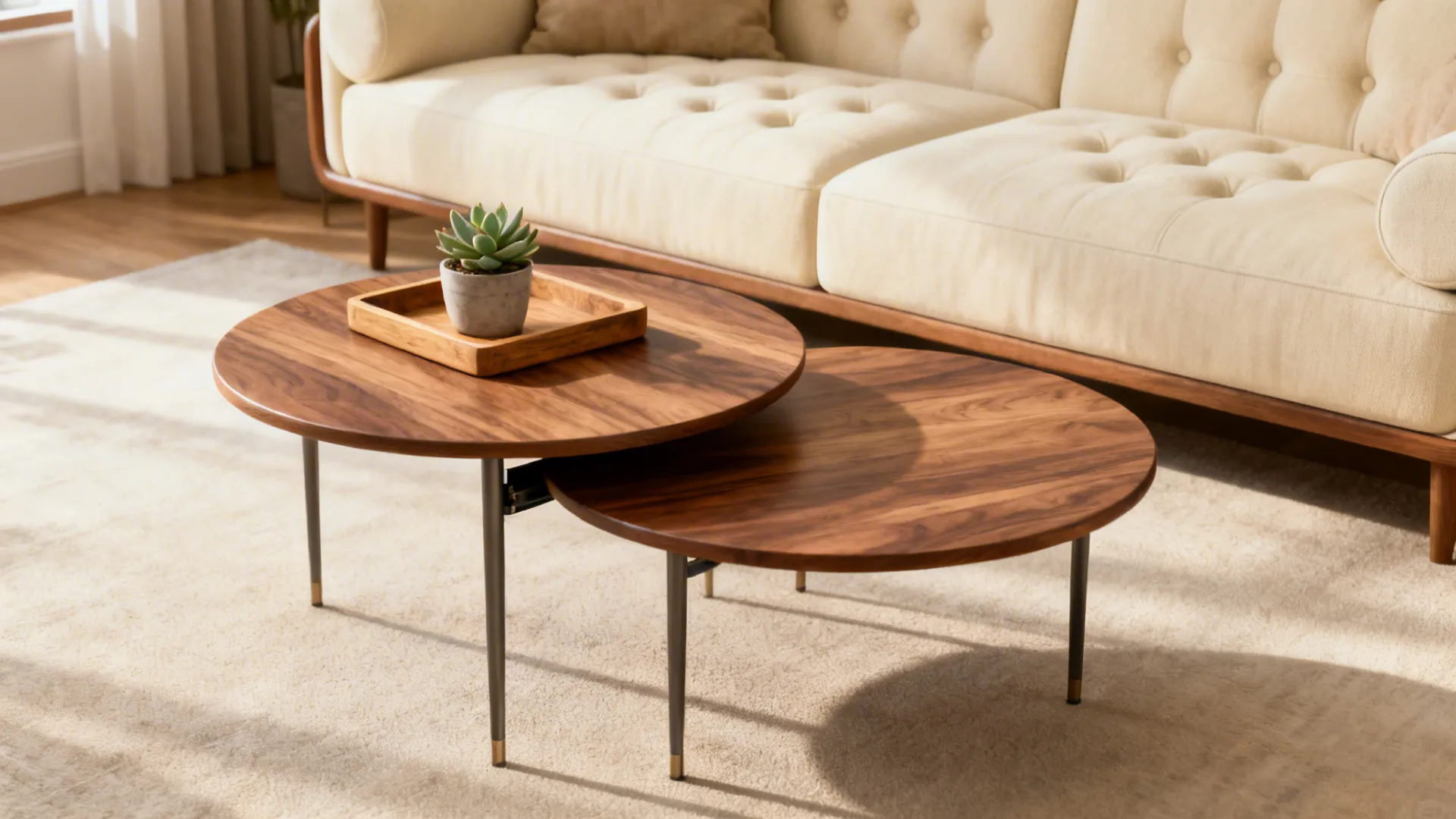 Nested round end tables with one pulled out showing flexible extra surface in a compact living room.