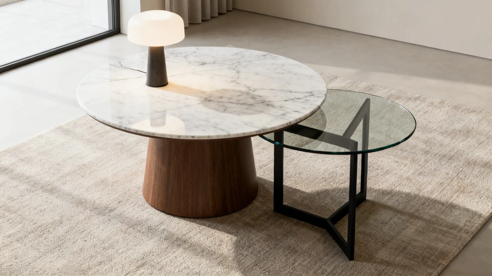 Round white marble coffee table with wood base and smaller glass table on a rug