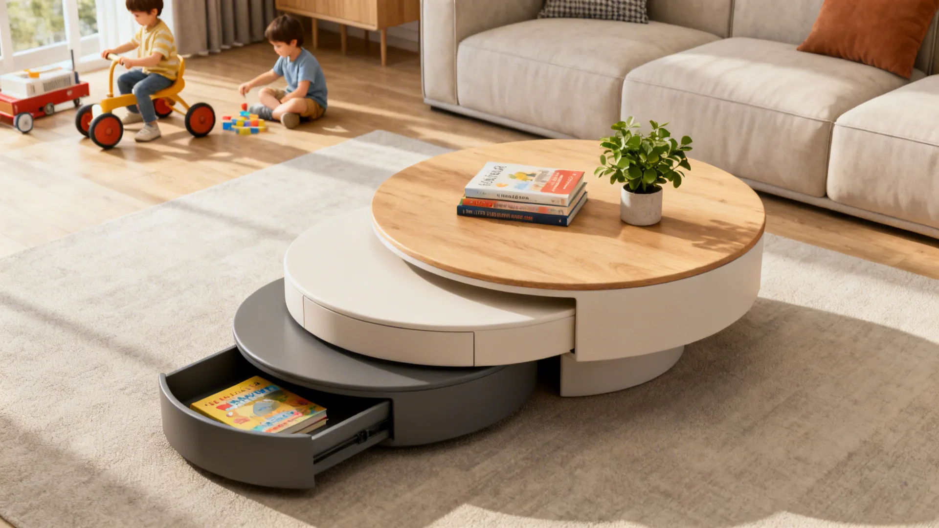 Nested round tables with the smallest table pulled out and used as a tray with a concealed compartment.