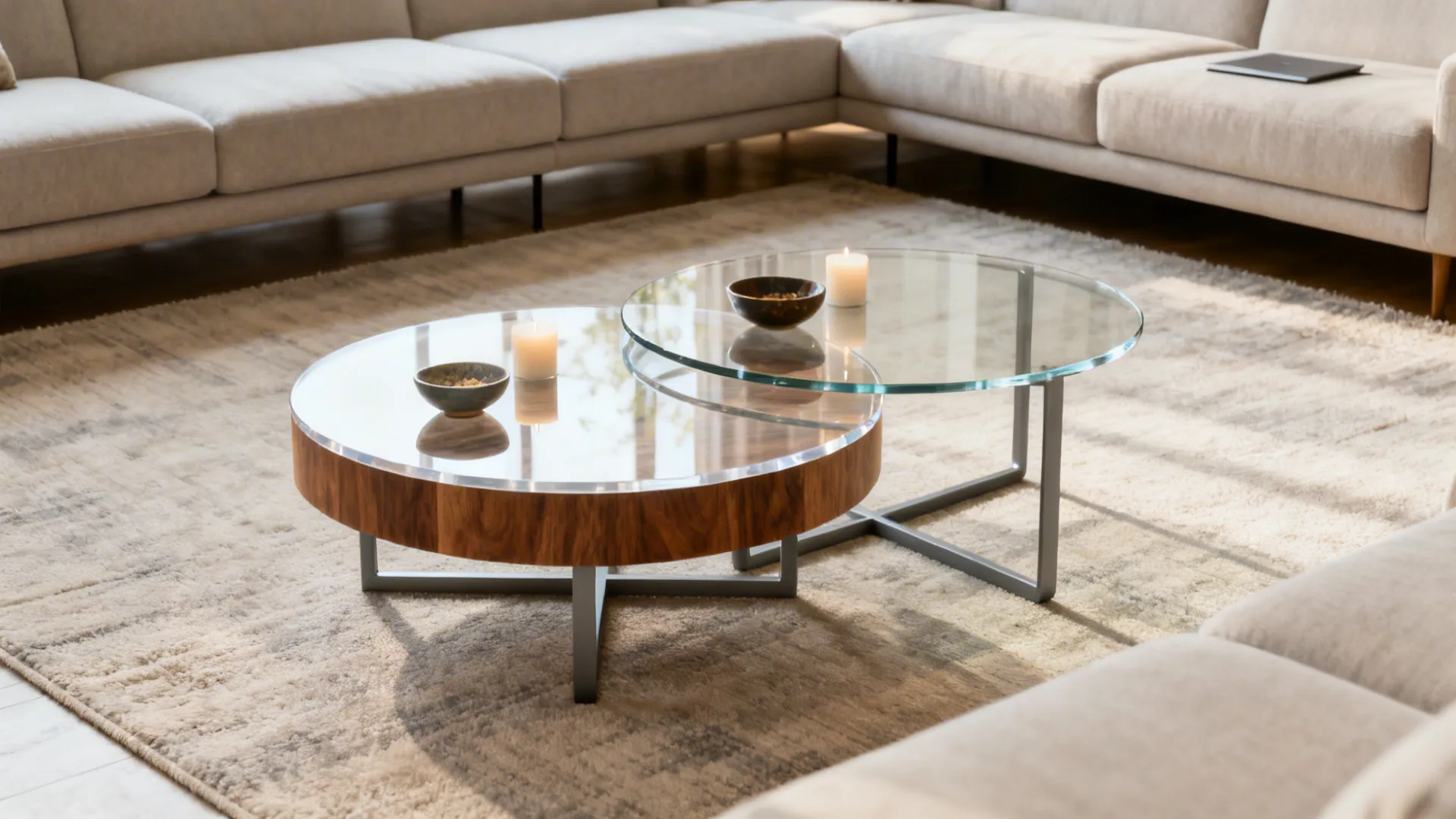 Staggered nested round coffee tables in a modern L-shaped living room with soft daylight.