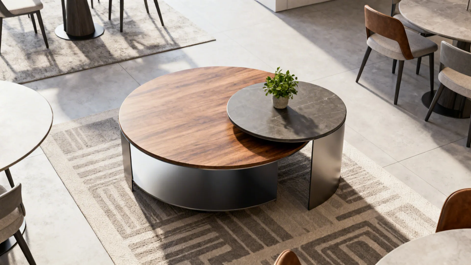 Nested coffee table with wood and stone tops on a rug in a bright room