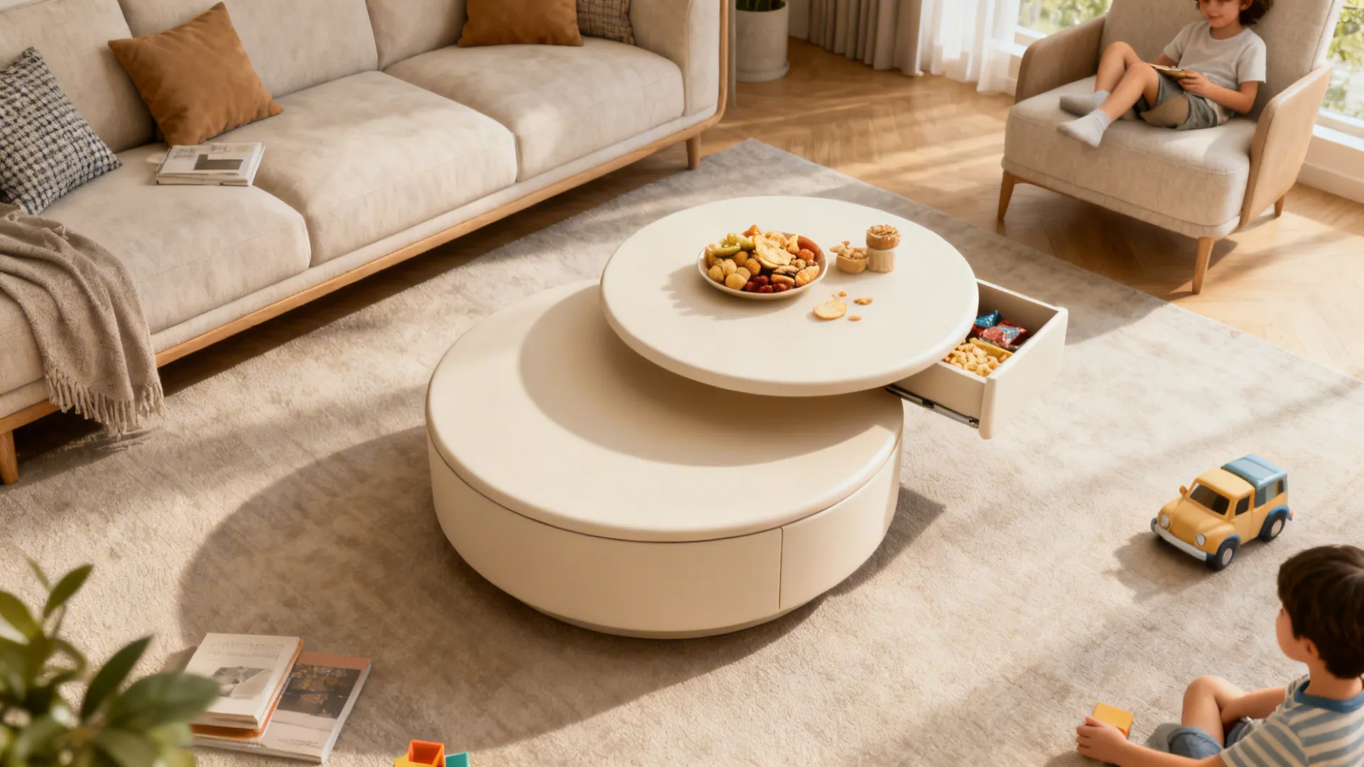 Top-down view of nested multi-level round coffee tables partially pulled out for extra surface and storage.