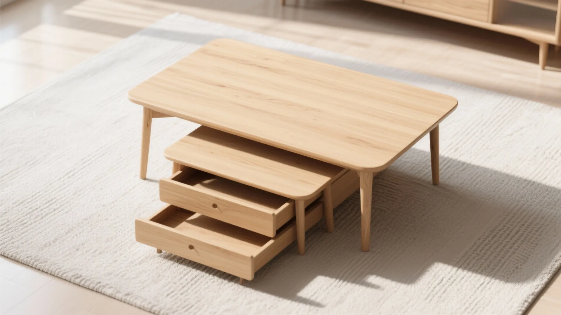 Light wood nested coffee tables with open storage drawers sitting on a white textured rug